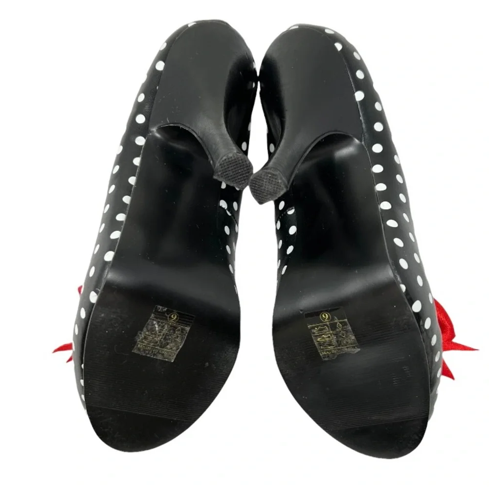Pinup Couture Cutiepie 06 Heels Size 9 Black Polka Dot Red Bow Heart Cutout Toe - Picture 9 of 11